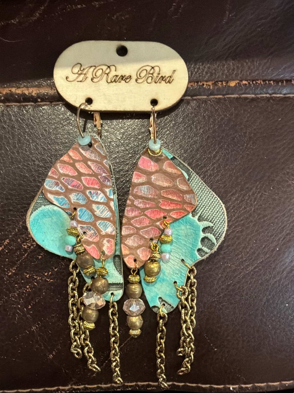 Teal & Pink Leather Butterfly Wings Drop Earrings